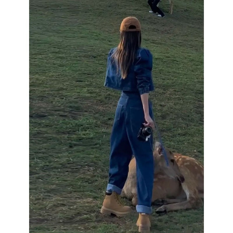 جاكيت قصير بأكمام منتفخة بأسلوب ملحمي جديد لخريف 2023 مع بنطلون جينز هاريم بدلة جينز جديدة للنساء - Image 5